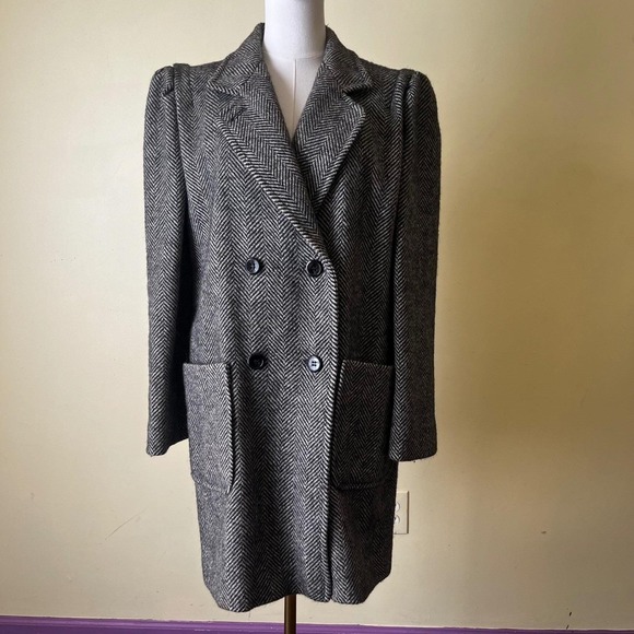 Herringbone Wool Coat Womens 13/14 Gray Black Double Breasted Vintage - Picture 8 of 8
